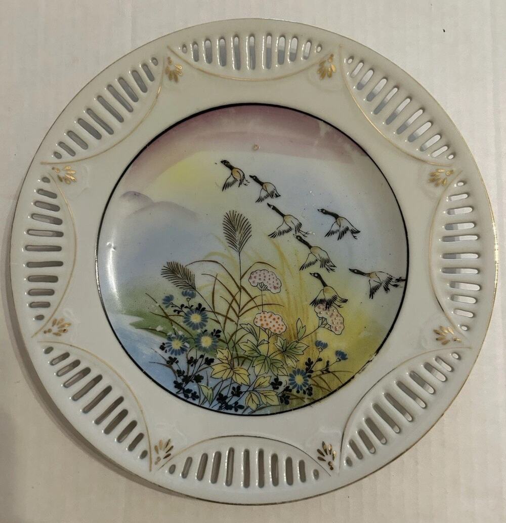 Antique Nippon Hand Painted Moriage Reticulated 9” Plate Floral Geese Gold Gilde